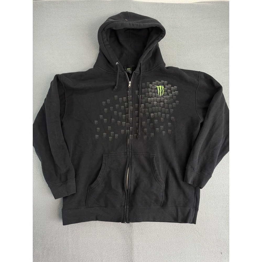 Y2k Monster Energy Hoodie Mens XL Black Full Zip Graphic Logo All Over Print